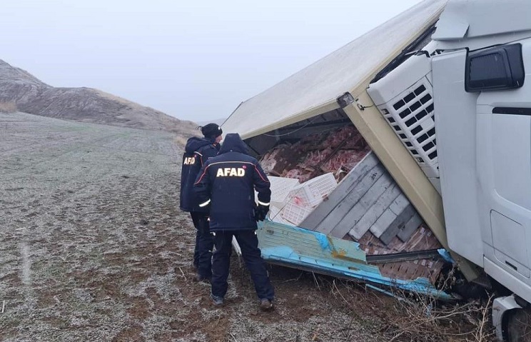 İskilip’te tavuk yüklü tır devrildi